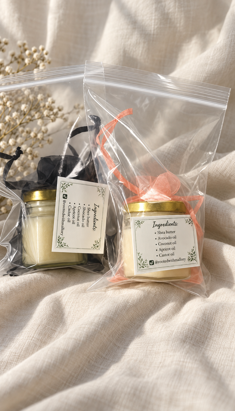 Two handmade Rooted With Mal botanical hair masks in glass jars with gold lids and ribbon packaging